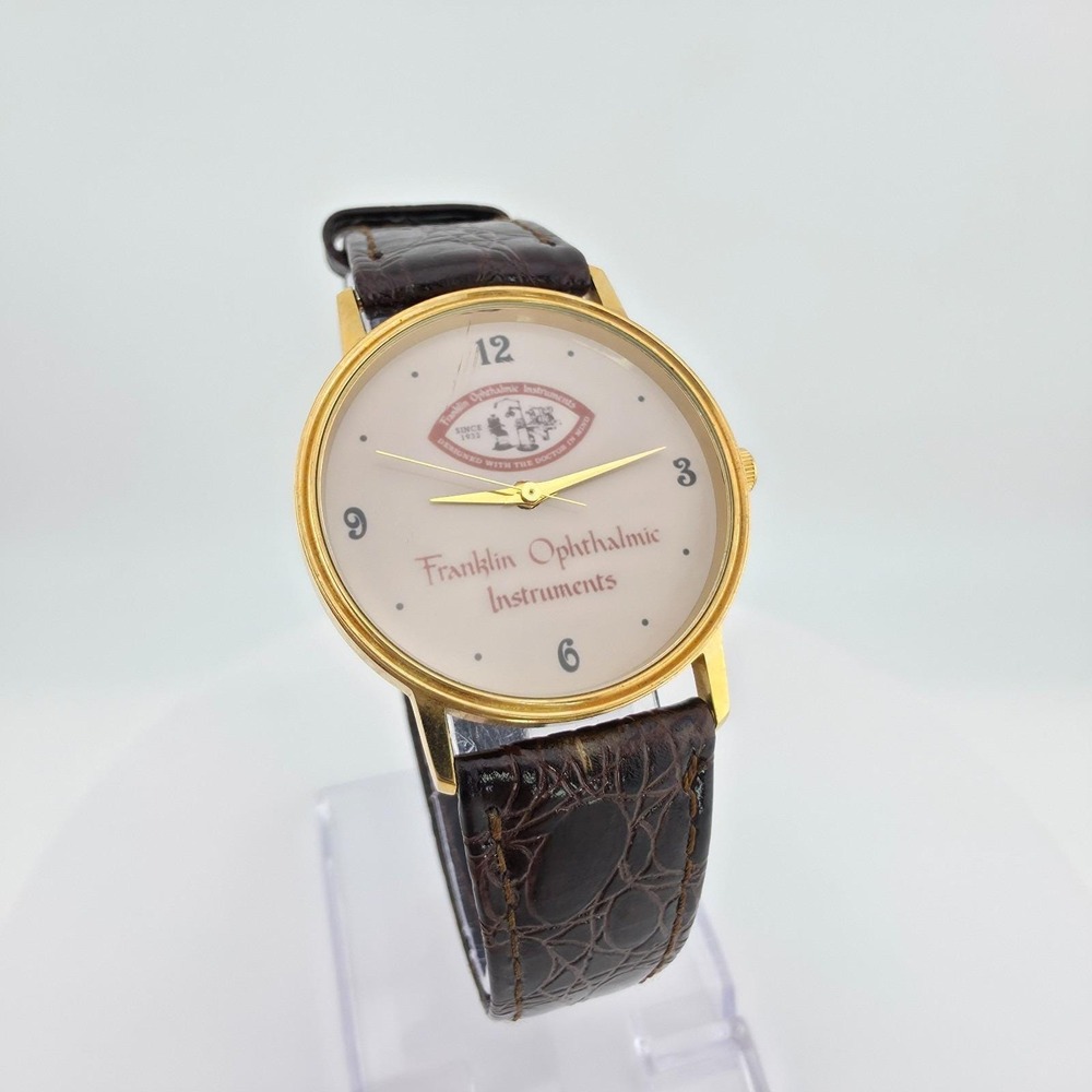 Vtg FRANKLIN OPHTHALMIC INSTRUMENTS Watch Brown Alligator Leather Gold Tone 7.5"